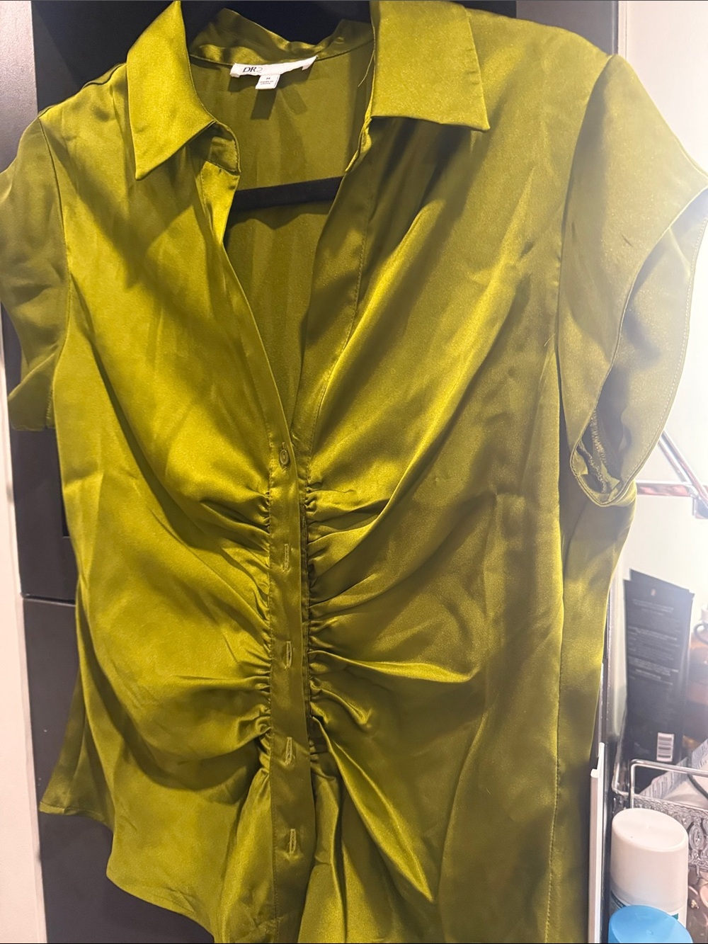 DR2 Olive Green Satin Ruched Button-Down Top